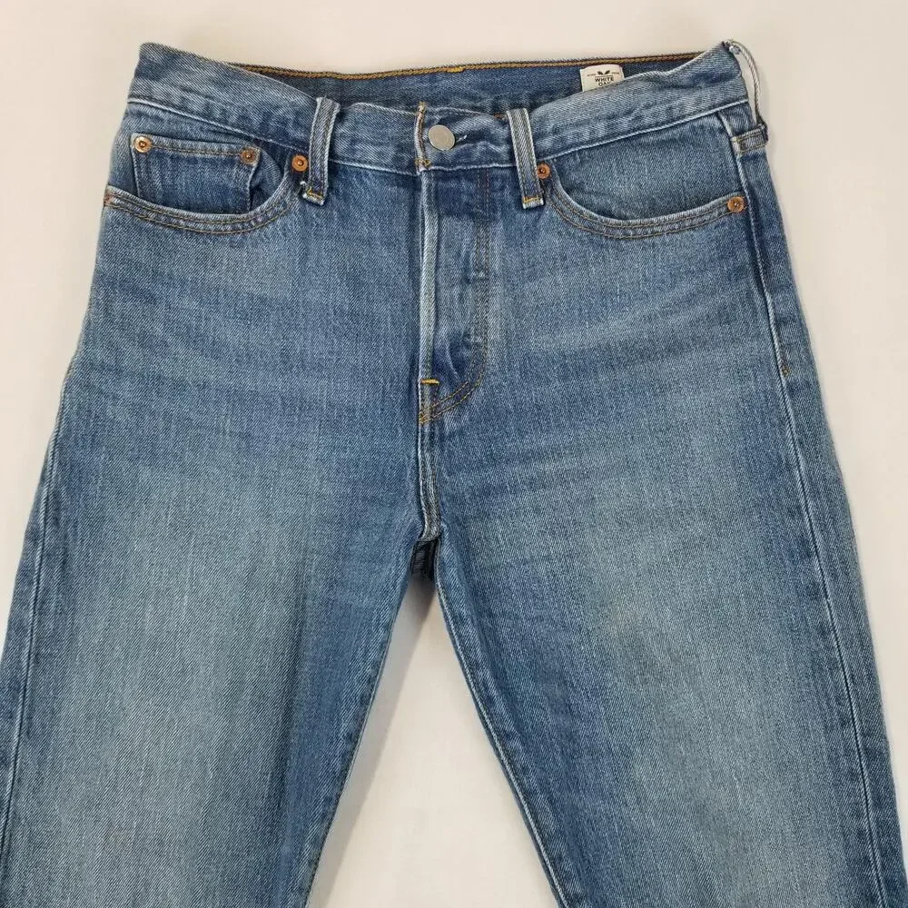 Levis 501 Jeans Womens 28x28 Blue White Oak Cone Denim Raw Hem Straight